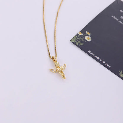 Stainless Steel Copper 18K Gold Plated IG Style Simple Style Plating Inlay Cross Heart Shape Wings Zircon Pendant Necklace