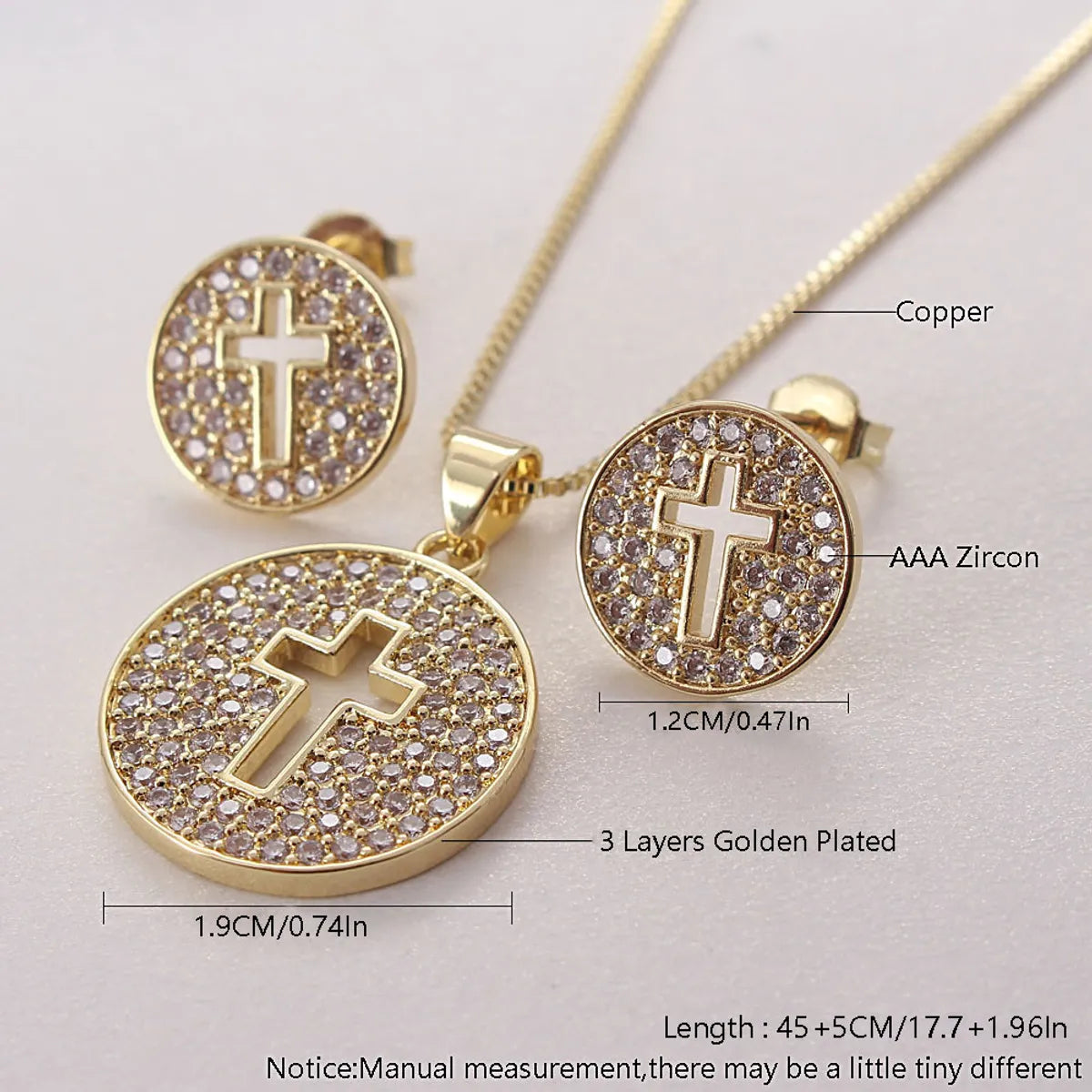 Ig Style Simple Style Cross Round Copper Plating Inlay Zircon Gold Plated Earrings Necklace