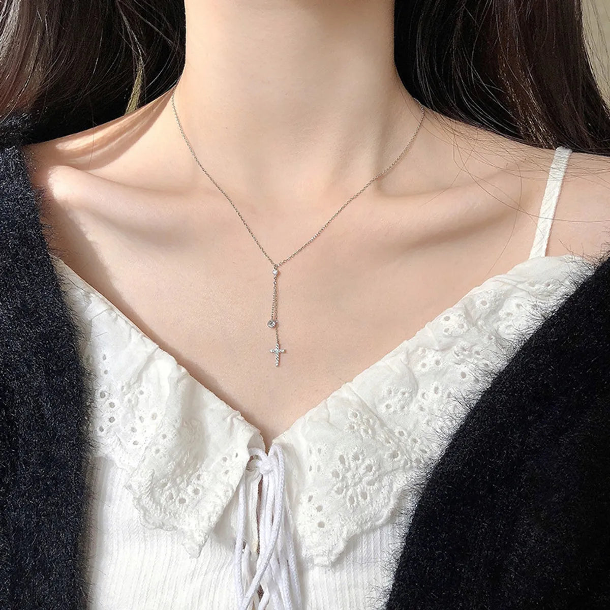 Ig Style Simple Style Cross Sterling Silver Inlay Zircon Pendant Necklace