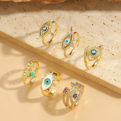 Ig Style Simple Style Devil's Eye Copper Enamel Plating Inlay Zircon 14k Gold Plated Open Rings