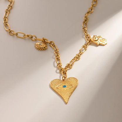 Ig Style Simple Style Devil's Eye Hand Of Fatima Heart Shape Stainless Steel Enamel Plating 18k Gold Plated Necklace