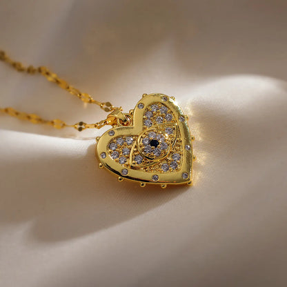 Ig Style Simple Style Devil's Eye Heart Shape Copper Plating Hollow Out Inlay Zircon 18k Gold Plated Pendant Necklace