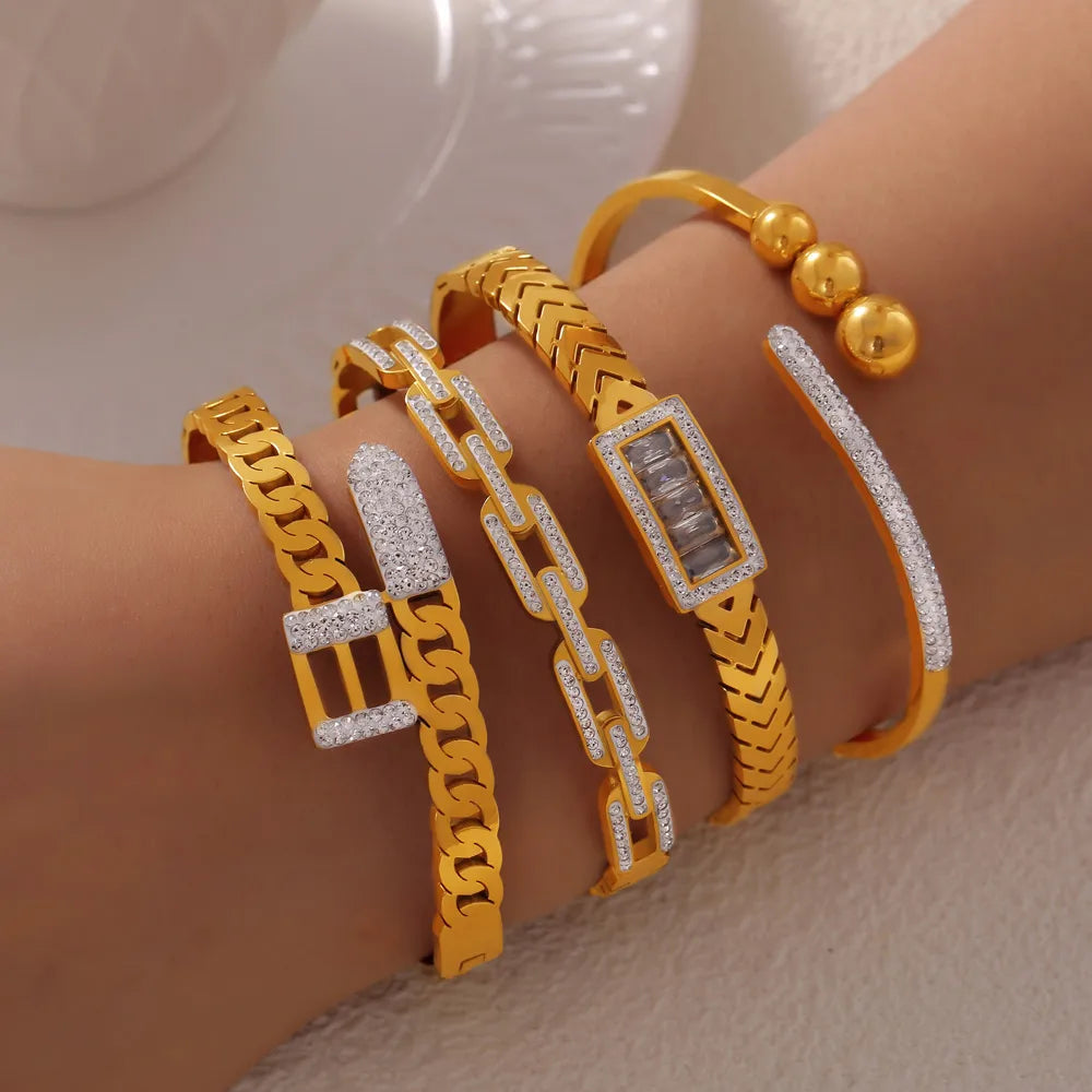 IG Style Simple Style Geometric 304 Stainless Steel 18K Gold Plated Rhinestones Zircon Bangle In Bulk