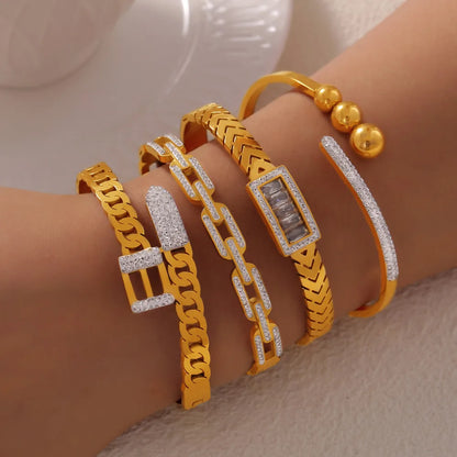 IG Style Simple Style Geometric 304 Stainless Steel 18K Gold Plated Rhinestones Zircon Bangle In Bulk