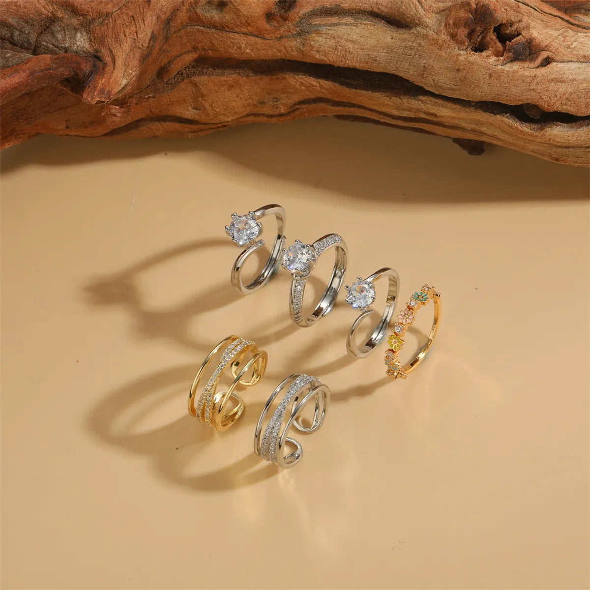 Ig Style Simple Style Geometric Flower Copper Plating Inlay Zircon 14k Gold Plated Rings