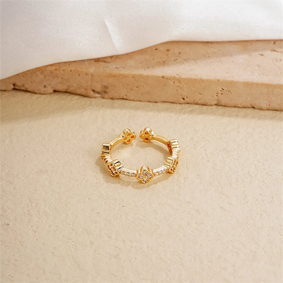 Ig Style Simple Style Heart Shape Flower Copper Gold Plated Zircon Open Rings In Bulk