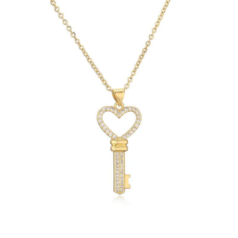 Ig Style Simple Style Heart Shape Key Copper Plating Inlay Zircon Gold Plated Pendant Necklace