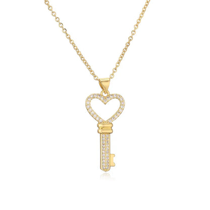 Ig Style Simple Style Heart Shape Key Copper Plating Inlay Zircon Gold Plated Pendant Necklace