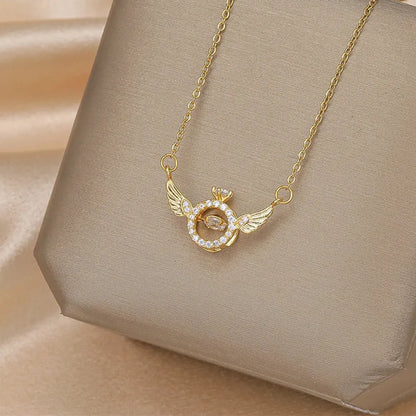 Ig Style Simple Style Heart Shape Wings Lock Titanium Steel Copper Plating Inlay Zircon Gold Plated Pendant Necklace