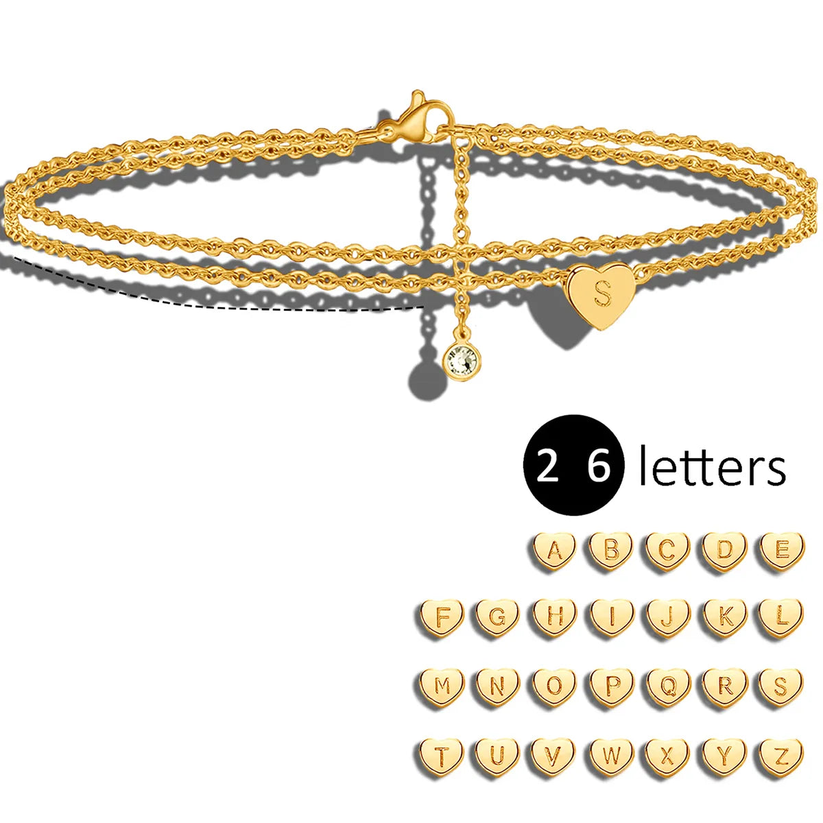 Ig Style Simple Style Letter Heart Shape Stainless Steel Titanium Steel Layered Plating Inlay Zircon 14k Gold Plated Rose Gold Plated Silver Plated Bracelets