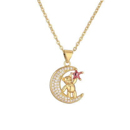 Ig Style Simple Style Little Bear Star Moon Copper Plating Inlay Zircon Gold Plated Pendant Necklace