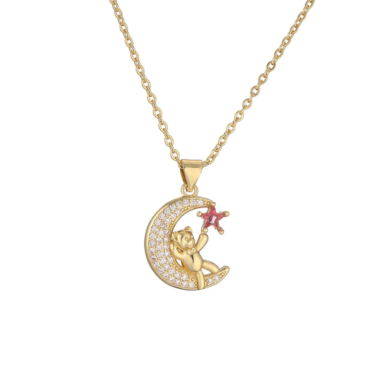 Ig Style Simple Style Little Bear Star Moon Copper Plating Inlay Zircon Gold Plated Pendant Necklace