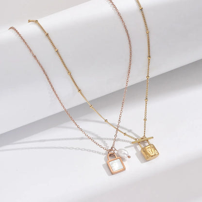 Ig Style Simple Style Lock Stainless Steel Plating Inlay Artificial Pearls Shell 14k Gold Plated Rose Gold Plated Pendant Necklace