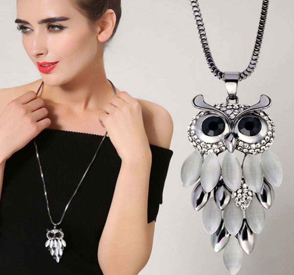 Ig Style Simple Style Owl Alloy Copper Inlay Opal Zircon Women's Sweater Chain Long Necklace