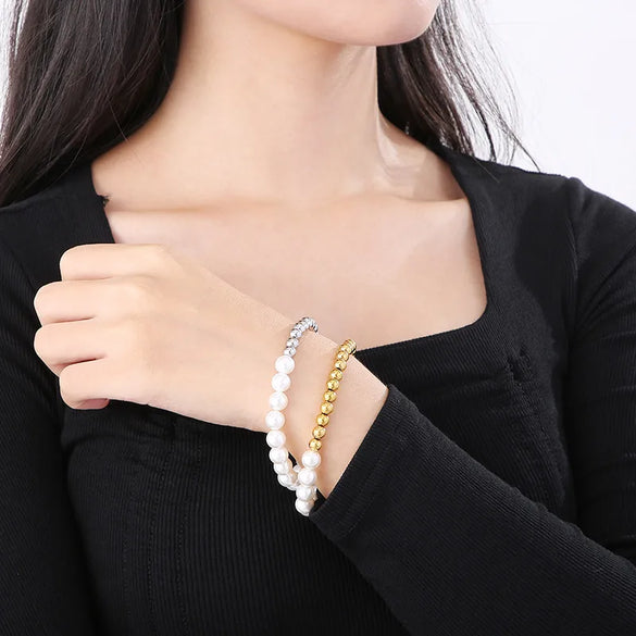 Wholesale Jewelry IG Style Simple Style Round Titanium Steel 18K Gold Plated Pearl Plating Rings Bracelets Earrings