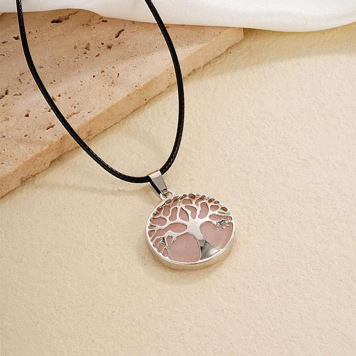 Ig Style Simple Style Round Tree Stainless Steel Natural Stone Leather Rope Inlay Natural Stone Pendant Necklace