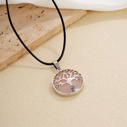 Ig Style Simple Style Round Tree Stainless Steel Natural Stone Leather Rope Inlay Natural Stone Pendant Necklace