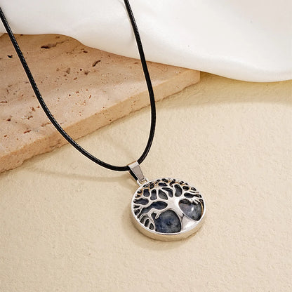 Ig Style Simple Style Round Tree Stainless Steel Natural Stone Leather Rope Inlay Natural Stone Pendant Necklace