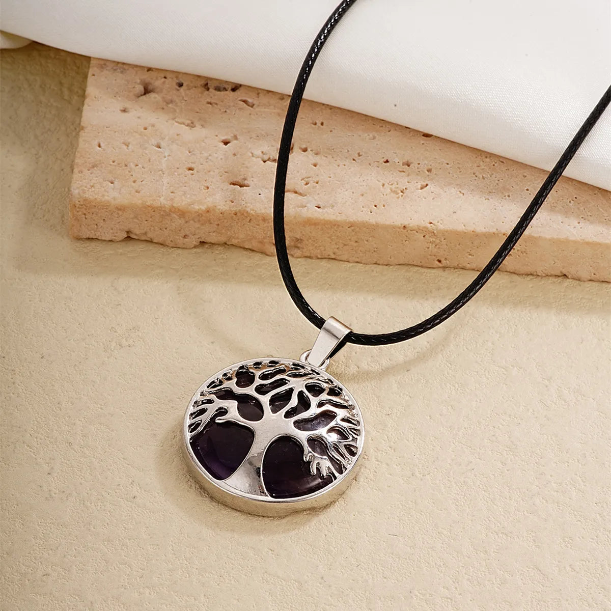 Ig Style Simple Style Round Tree Stainless Steel Natural Stone Leather Rope Inlay Natural Stone Pendant Necklace