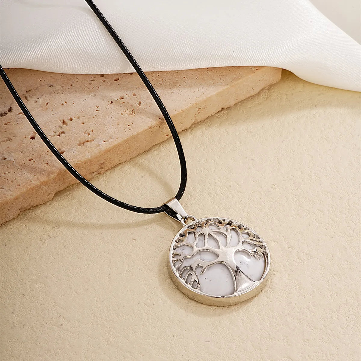 Ig Style Simple Style Round Tree Stainless Steel Natural Stone Leather Rope Inlay Natural Stone Pendant Necklace