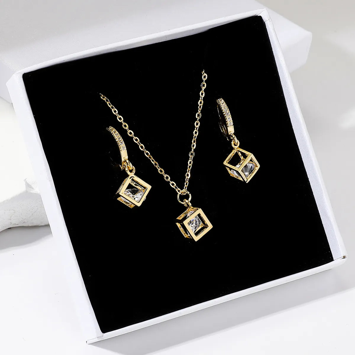 Ig Style Simple Style Rubik's Cube Stainless Steel Plating Inlay Zircon Gold Plated Jewelry Set