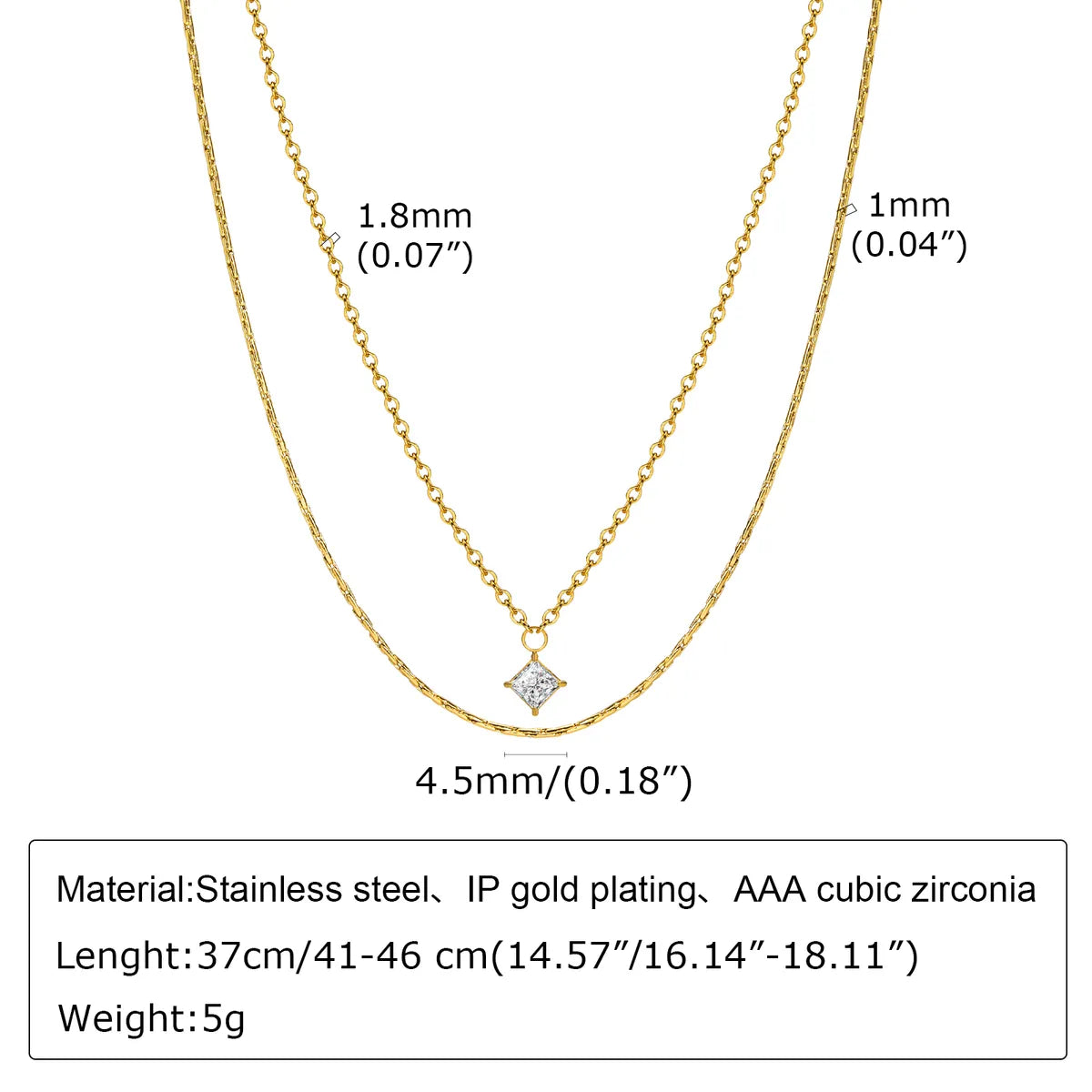 Ig Style Simple Style Square Stainless Steel Layered Plating Inlay Zircon 18k Gold Plated Double Layer Necklaces