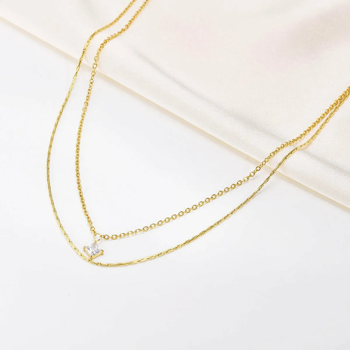 Ig Style Simple Style Square Stainless Steel Layered Plating Inlay Zircon 18k Gold Plated Double Layer Necklaces