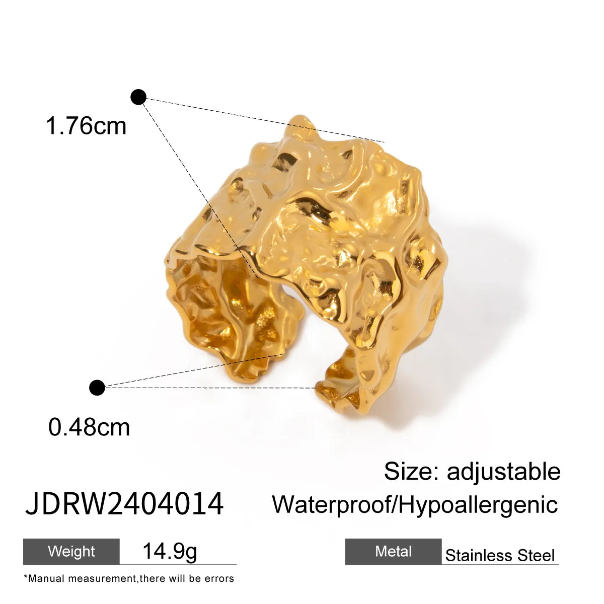 IG Style Solid Color Hammered Pattern 304 Stainless Steel Plating 18K Gold Plated Women'S Open Rings