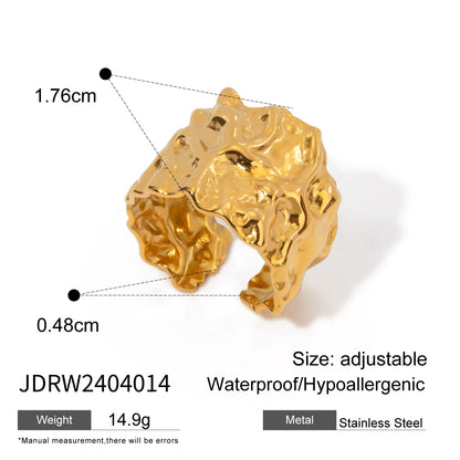 IG Style Solid Color Hammered Pattern 304 Stainless Steel Plating 18K Gold Plated Women'S Open Rings