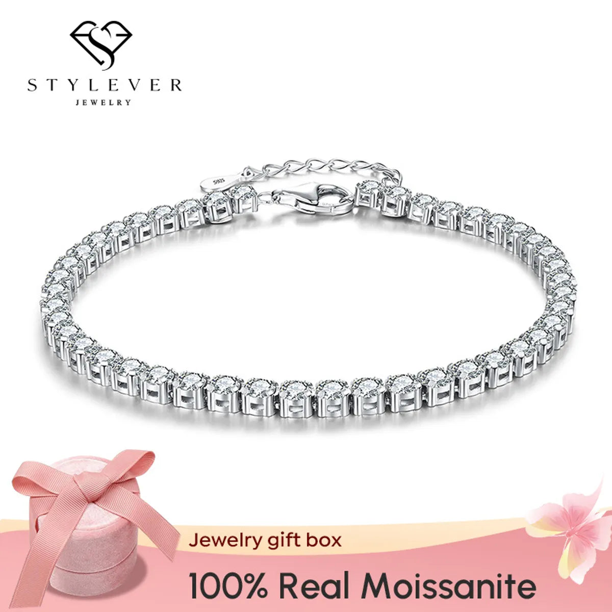 Ig Style Solid Color Sterling Silver Gra Plating Inlay Moissanite White Gold Plated Bracelets