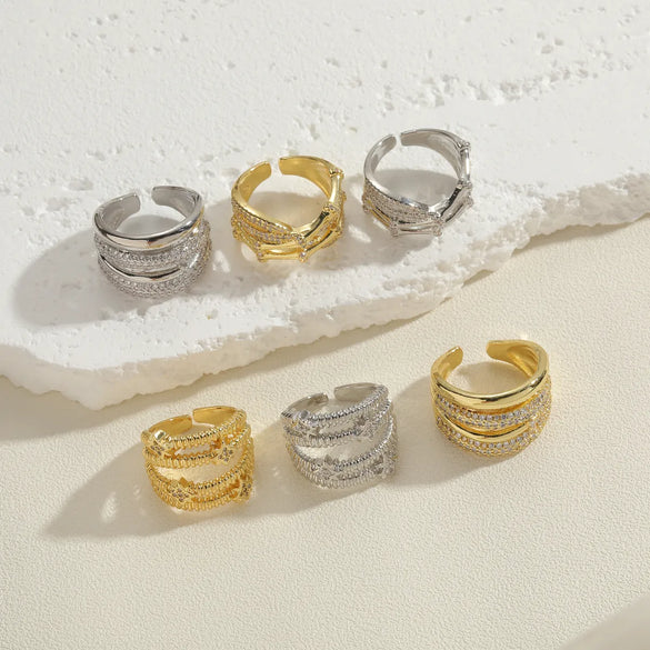 Ig Style Star Copper Asymmetrical Plating Inlay Zircon 14k Gold Plated Open Rings