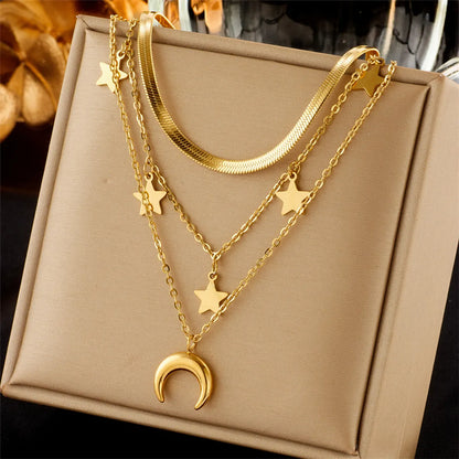 Ig Style Star Moon Stainless Steel Plating 18k Gold Plated Layered Necklaces