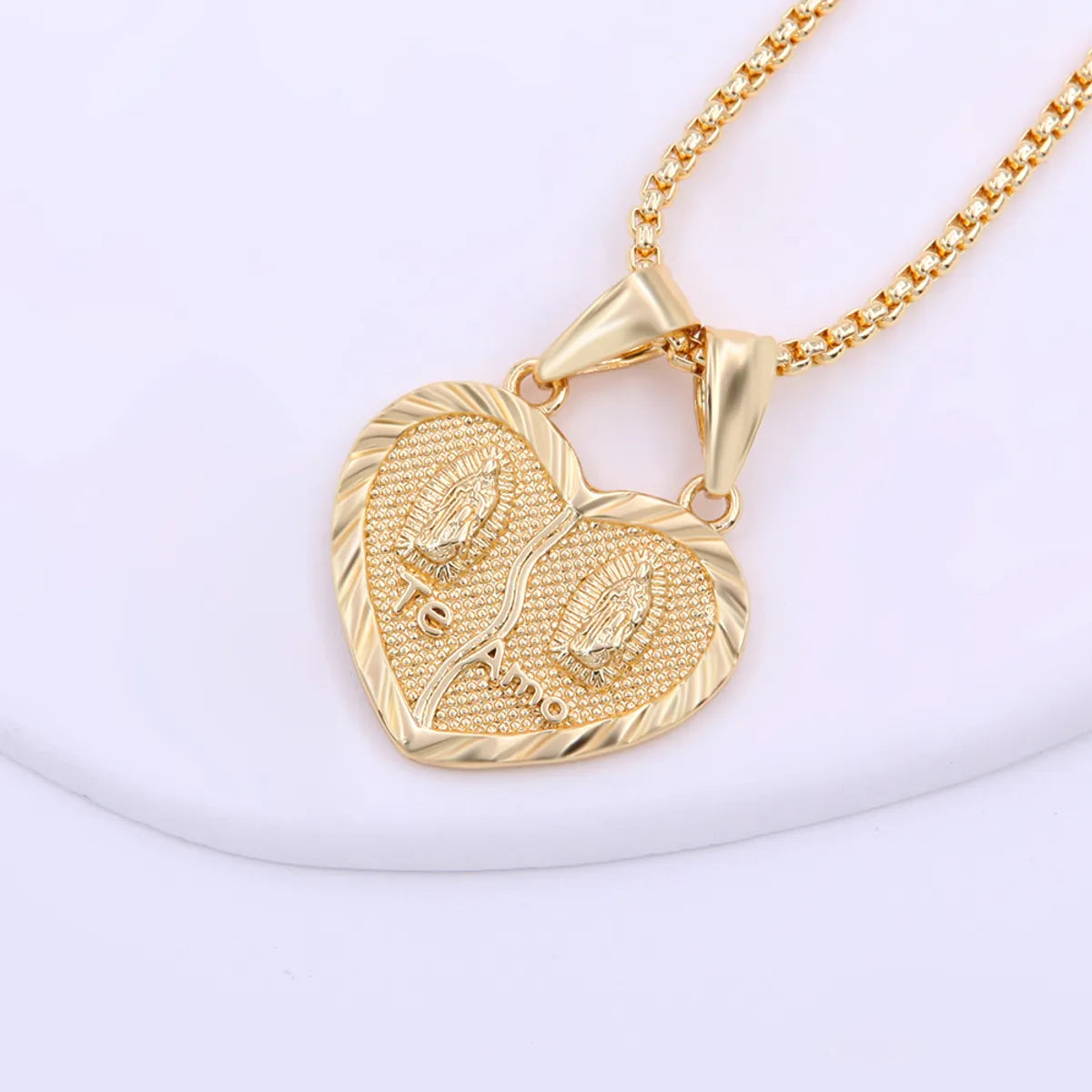 Ig Style Streetwear Cross Virgin Mary Heart Shape Copper Indentation Polishing Plating 18k Gold Plated Pendant Necklace