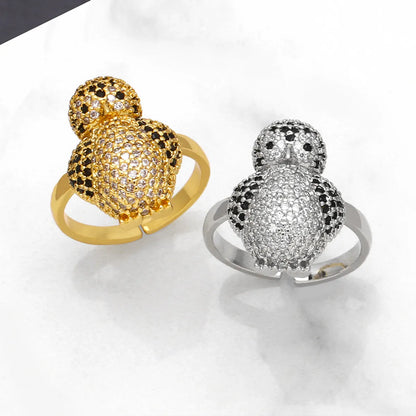 Ig Style Streetwear Penguin Copper Plating Inlay Zircon 18k Gold Plated Open Rings