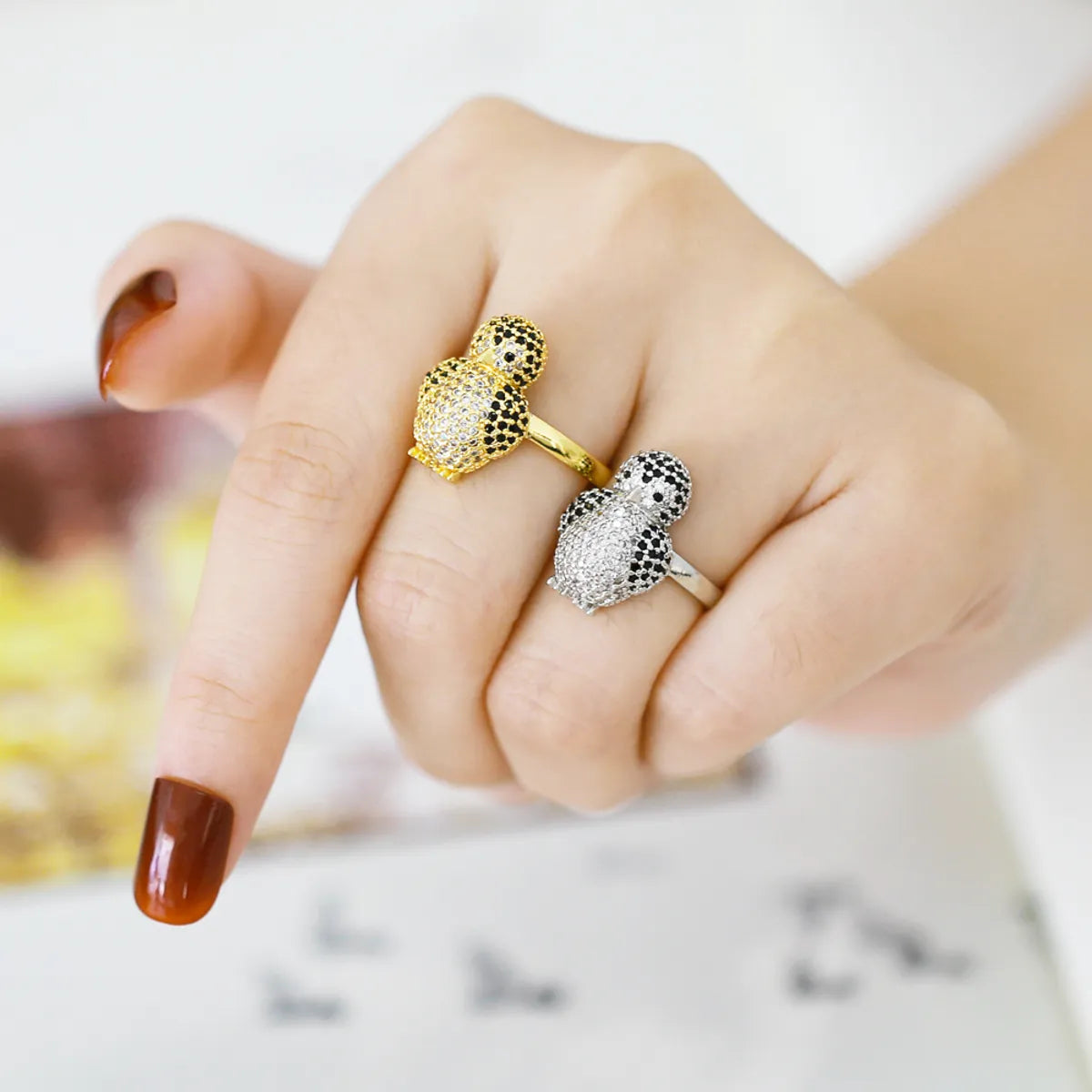 Ig Style Streetwear Penguin Copper Plating Inlay Zircon 18k Gold Plated Open Rings