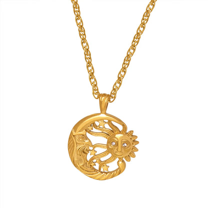 Ig Style Sun Moon Titanium Steel Plating Inlay Zircon 18k Gold Plated Pendant Necklace