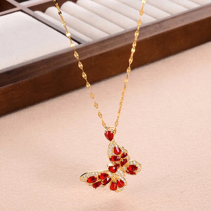 Ig Style Sweet Butterfly Copper Plating Inlay Zircon Pendant Necklace