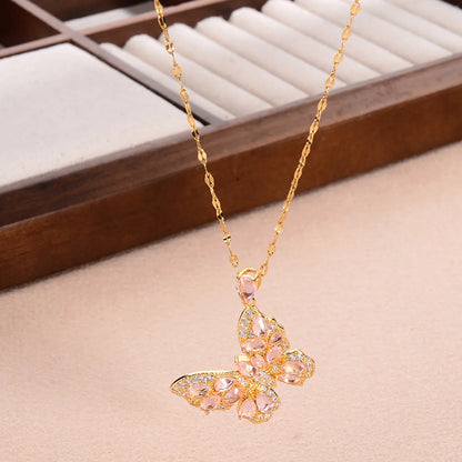 Ig Style Sweet Butterfly Copper Plating Inlay Zircon Pendant Necklace