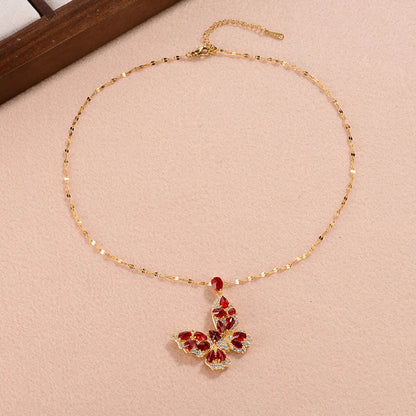 Ig Style Sweet Butterfly Copper Plating Inlay Zircon Pendant Necklace