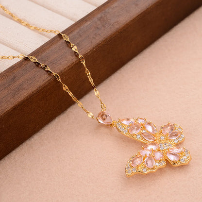 Ig Style Sweet Butterfly Copper Plating Inlay Zircon Pendant Necklace