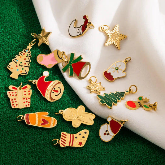 Wholesale Ig Style Sweet Christmas Tree Santa Claus Stainless Steel Enamel Plating 14k Gold Plated 18k Gold Plated Charms Necklace