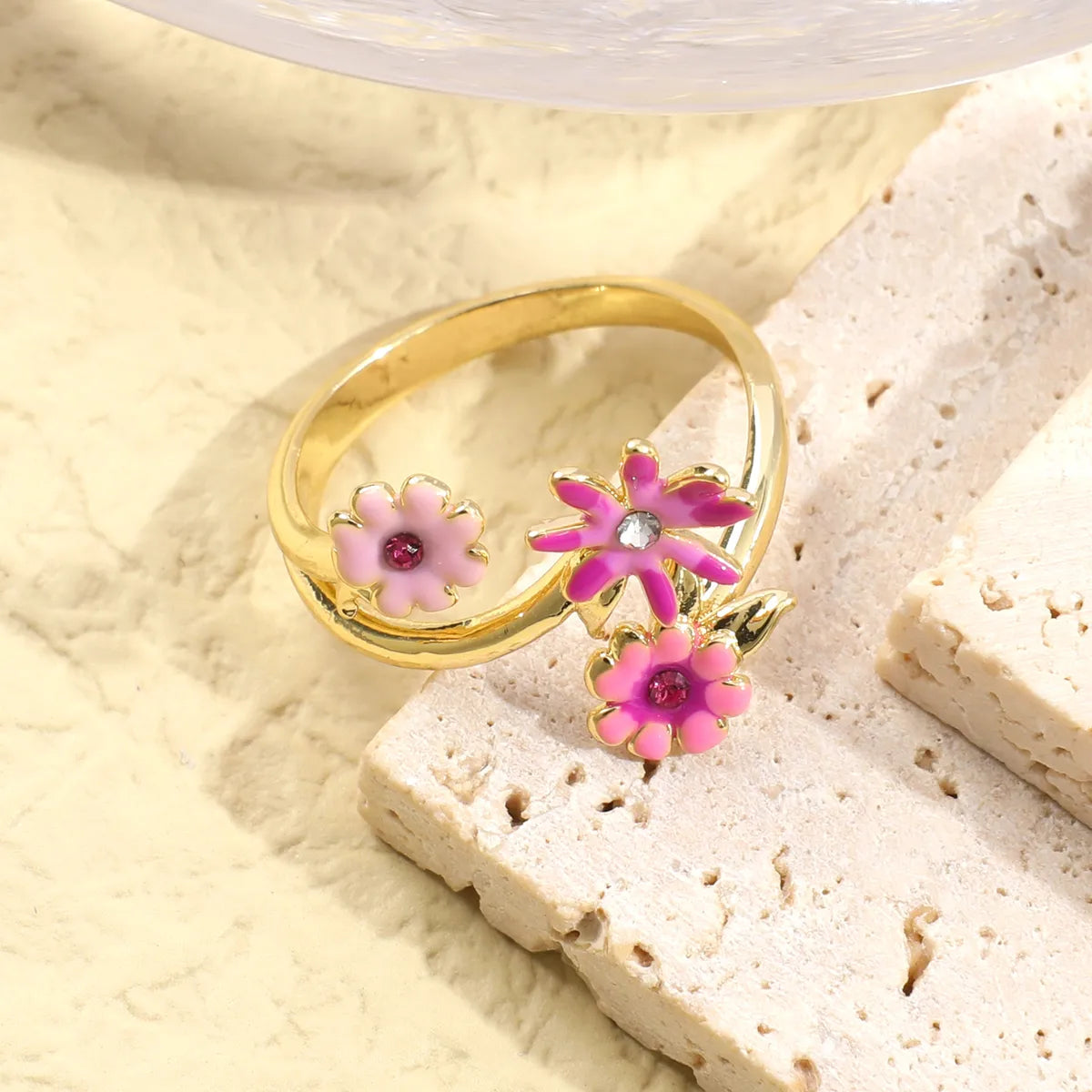 IG Style Sweet Flower Alloy Enamel Inlay Rhinestones Women'S Open Rings