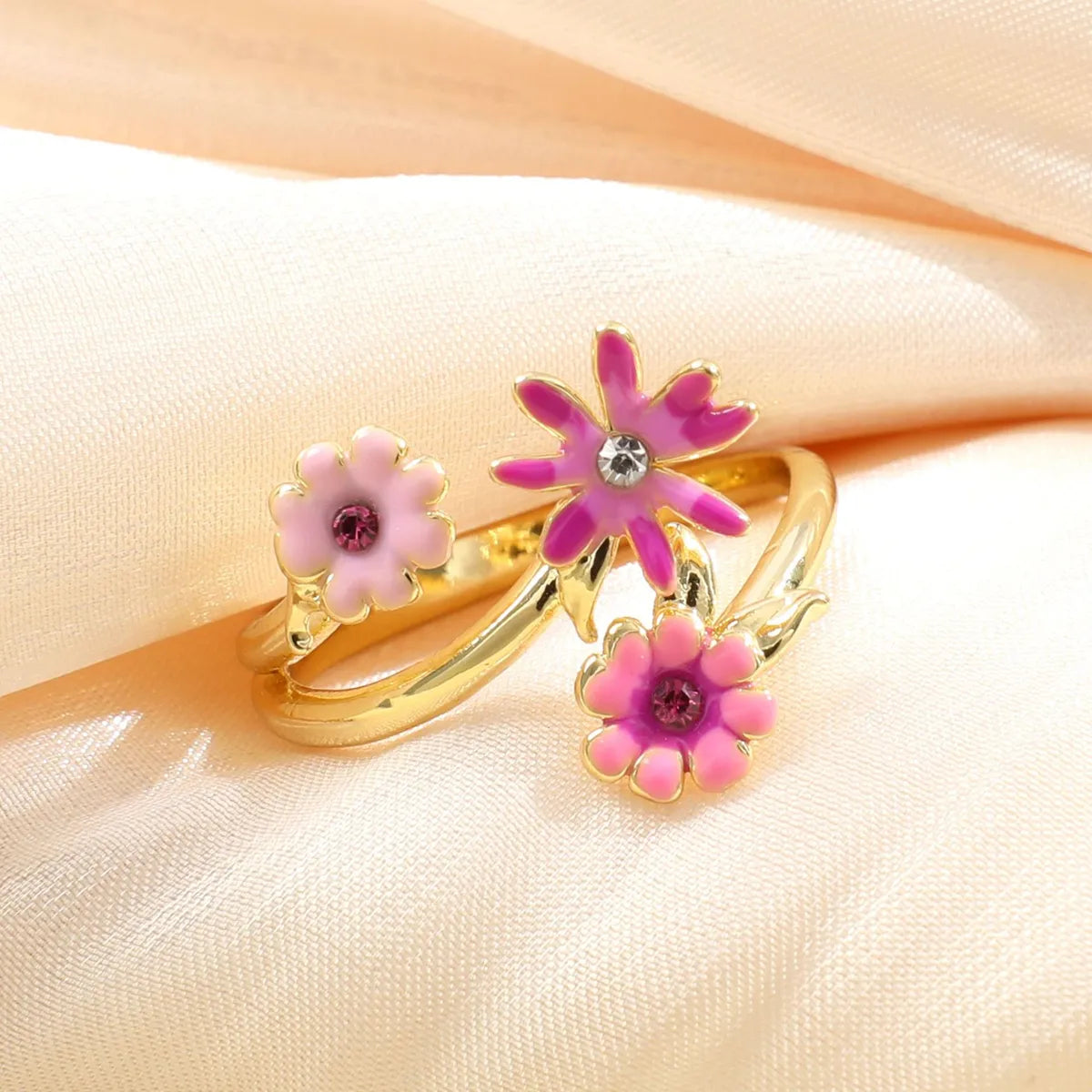 IG Style Sweet Flower Alloy Enamel Inlay Rhinestones Women'S Open Rings