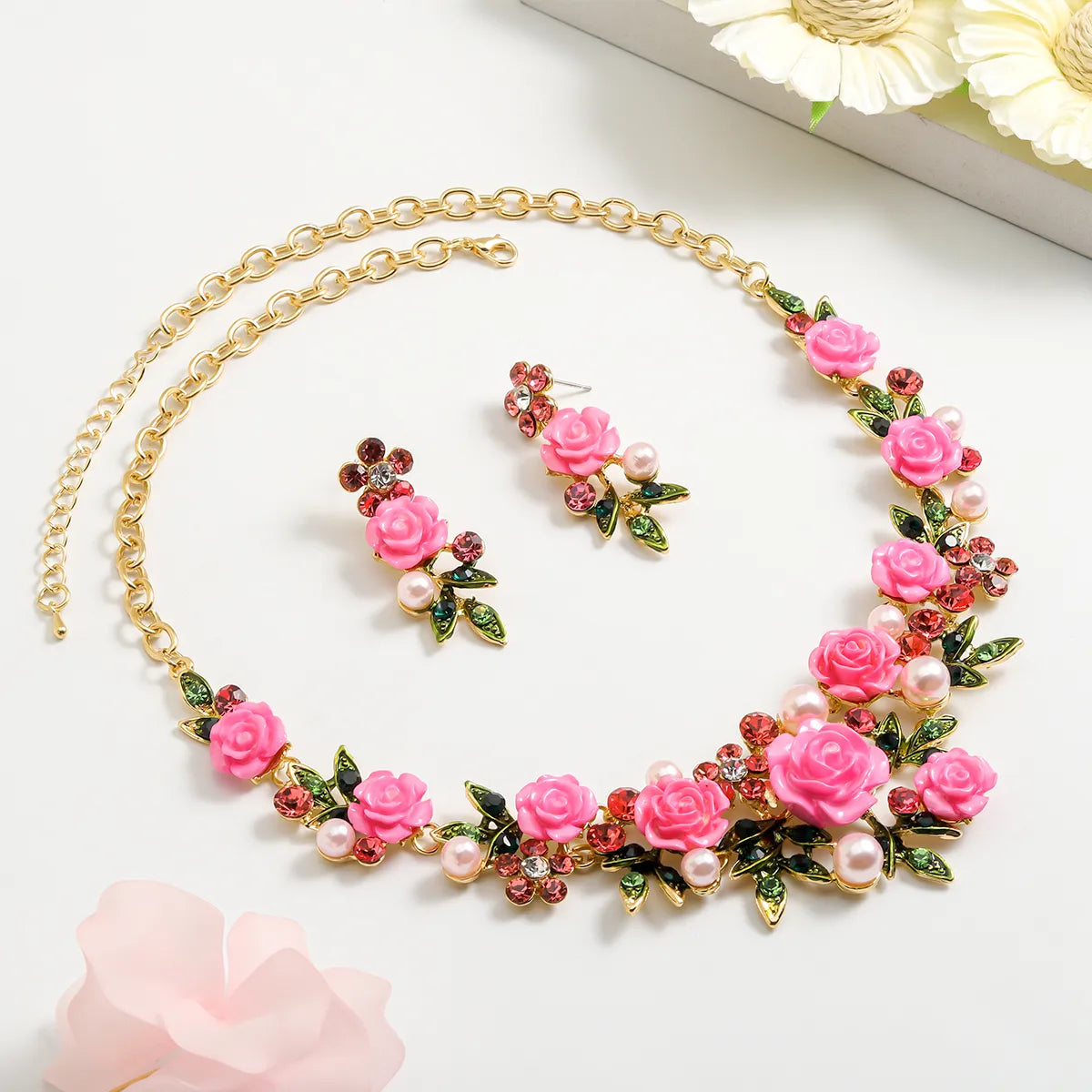 IG Style Sweet Flower K Gold Plated Enamel Rhinestones Pearl Alloy Wholesale Jewelry Set