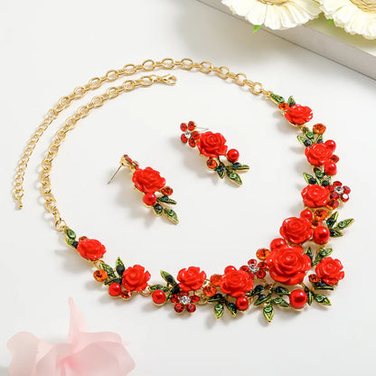 IG Style Sweet Flower K Gold Plated Enamel Rhinestones Pearl Alloy Wholesale Jewelry Set