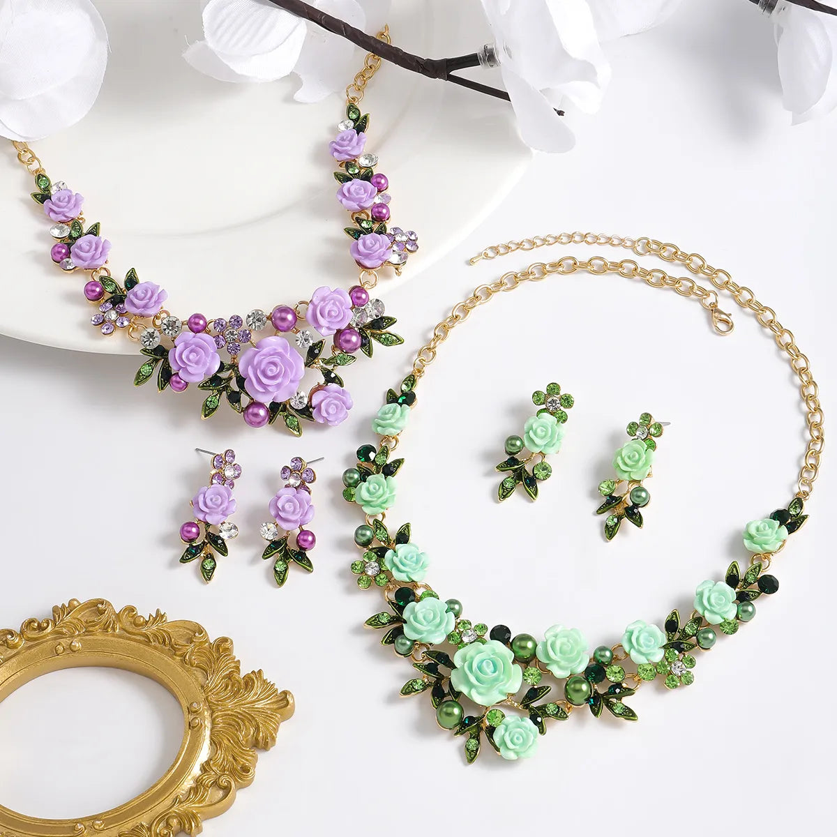 IG Style Sweet Flower K Gold Plated Enamel Rhinestones Pearl Alloy Wholesale Jewelry Set