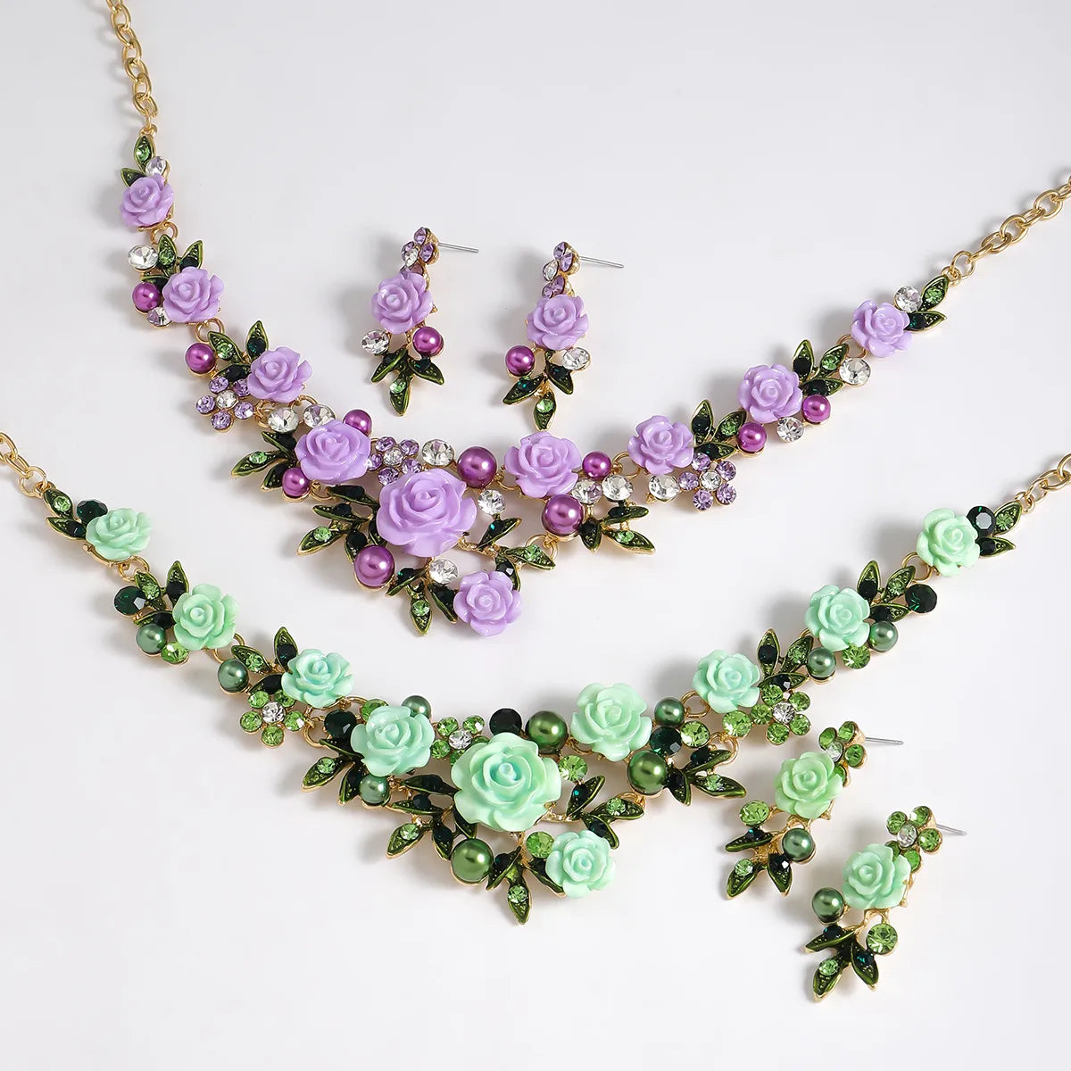 IG Style Sweet Flower K Gold Plated Enamel Rhinestones Pearl Alloy Wholesale Jewelry Set