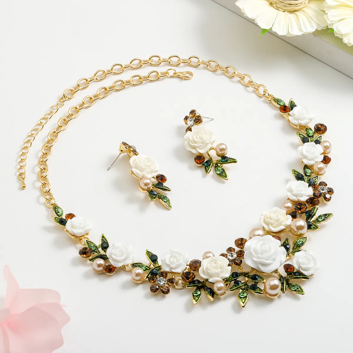 IG Style Sweet Flower K Gold Plated Enamel Rhinestones Pearl Alloy Wholesale Jewelry Set