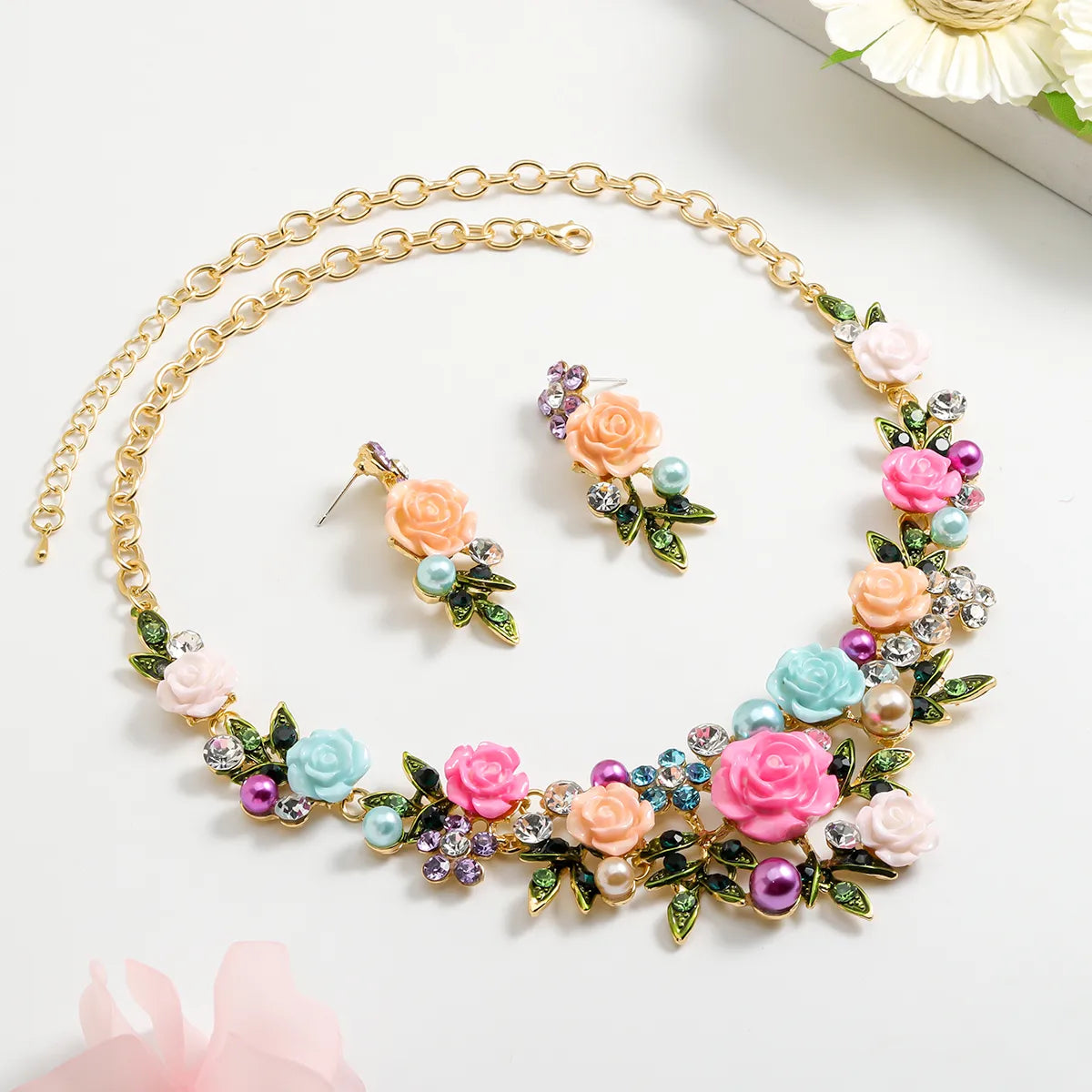 IG Style Sweet Flower K Gold Plated Enamel Rhinestones Pearl Alloy Wholesale Jewelry Set