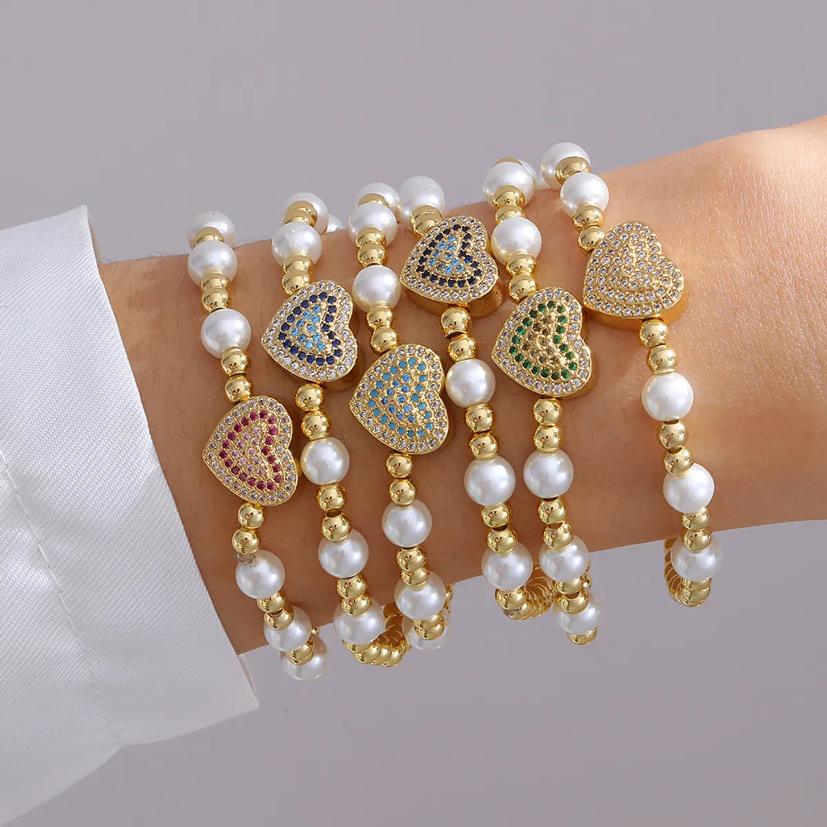 Ig Style Sweet Heart Shape Copper Pearl Plating Inlay Zircon 18k Gold Plated Bracelets